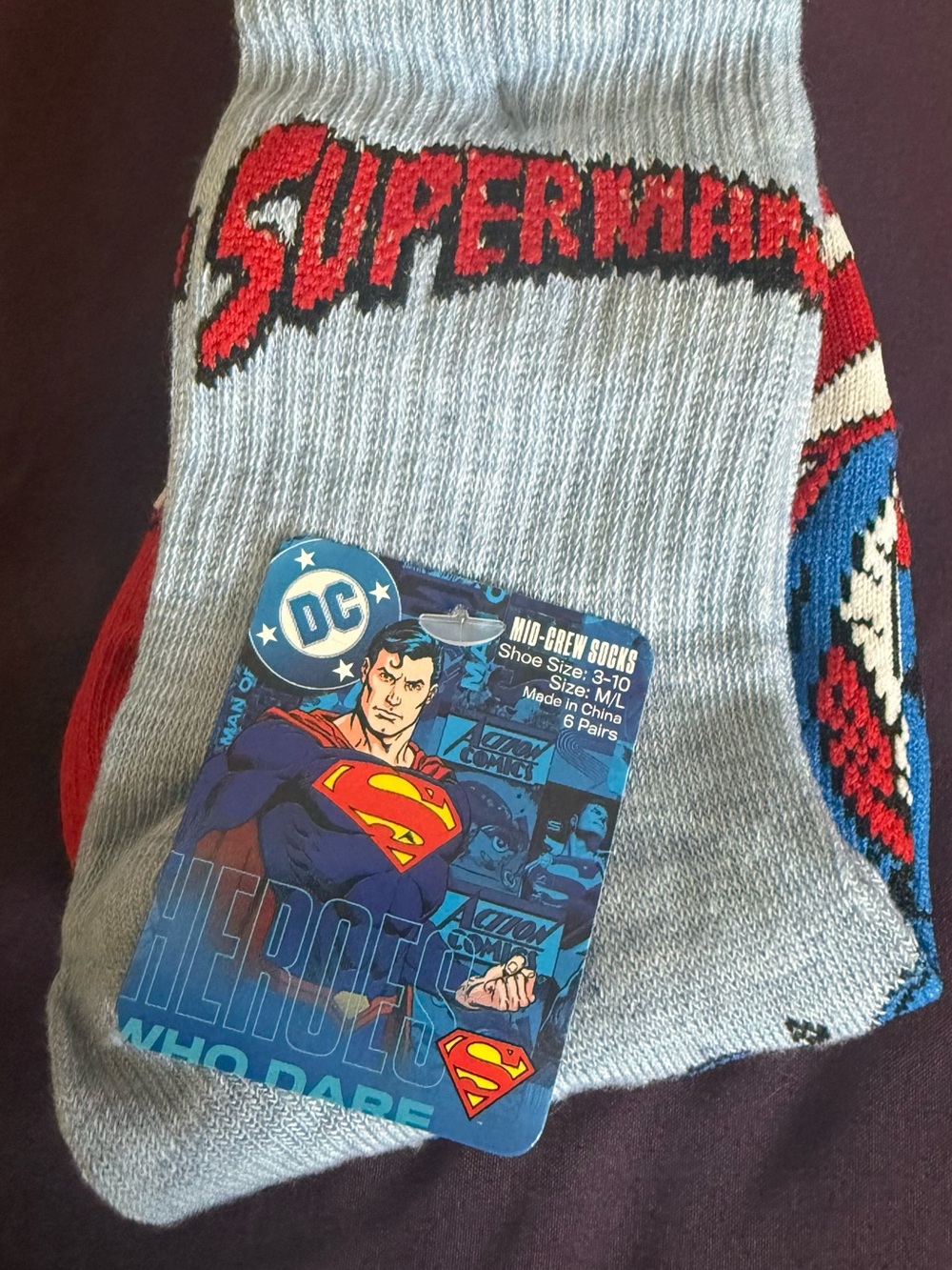 DC Comics Superman 6 Grey Crew Socks with Red and Blue Accents